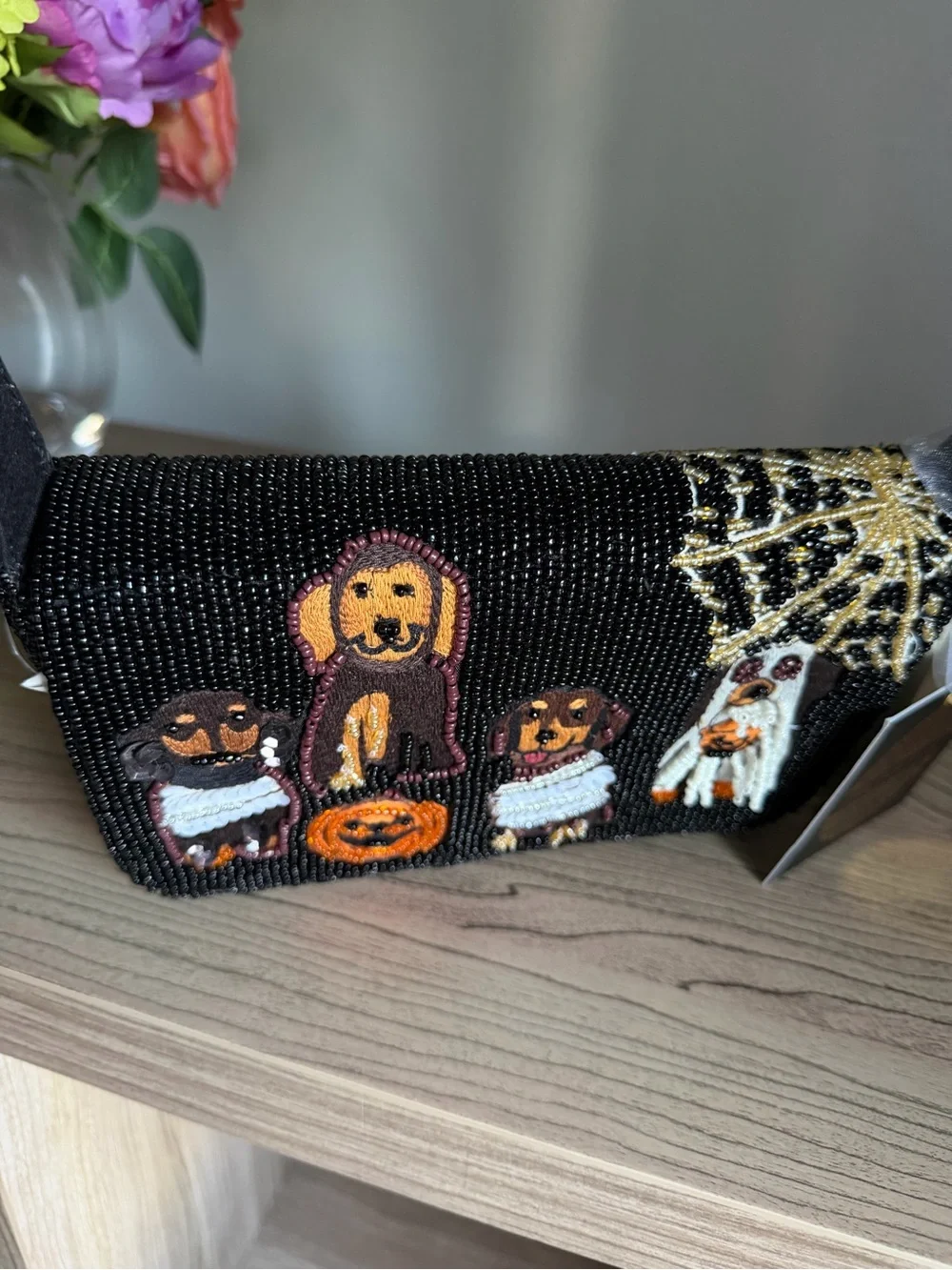 Made in India Halloween Daschund ghost web puppy Costume Beaded Shoulder Bag